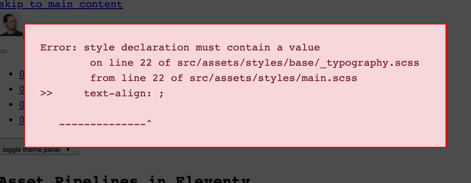 Sass compilation error message in an overlay